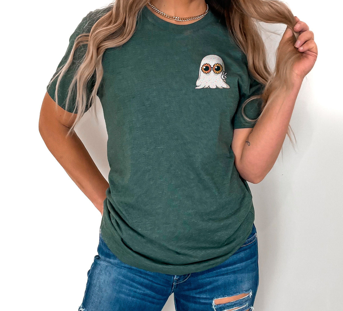 Floral Eyes Ghost Pocket Shirt, Spooky Season Clothing, Cute Ghost Pocket Tee, Spooky Ghost Shirt, Women Outfit, Halloween Gift for Friends