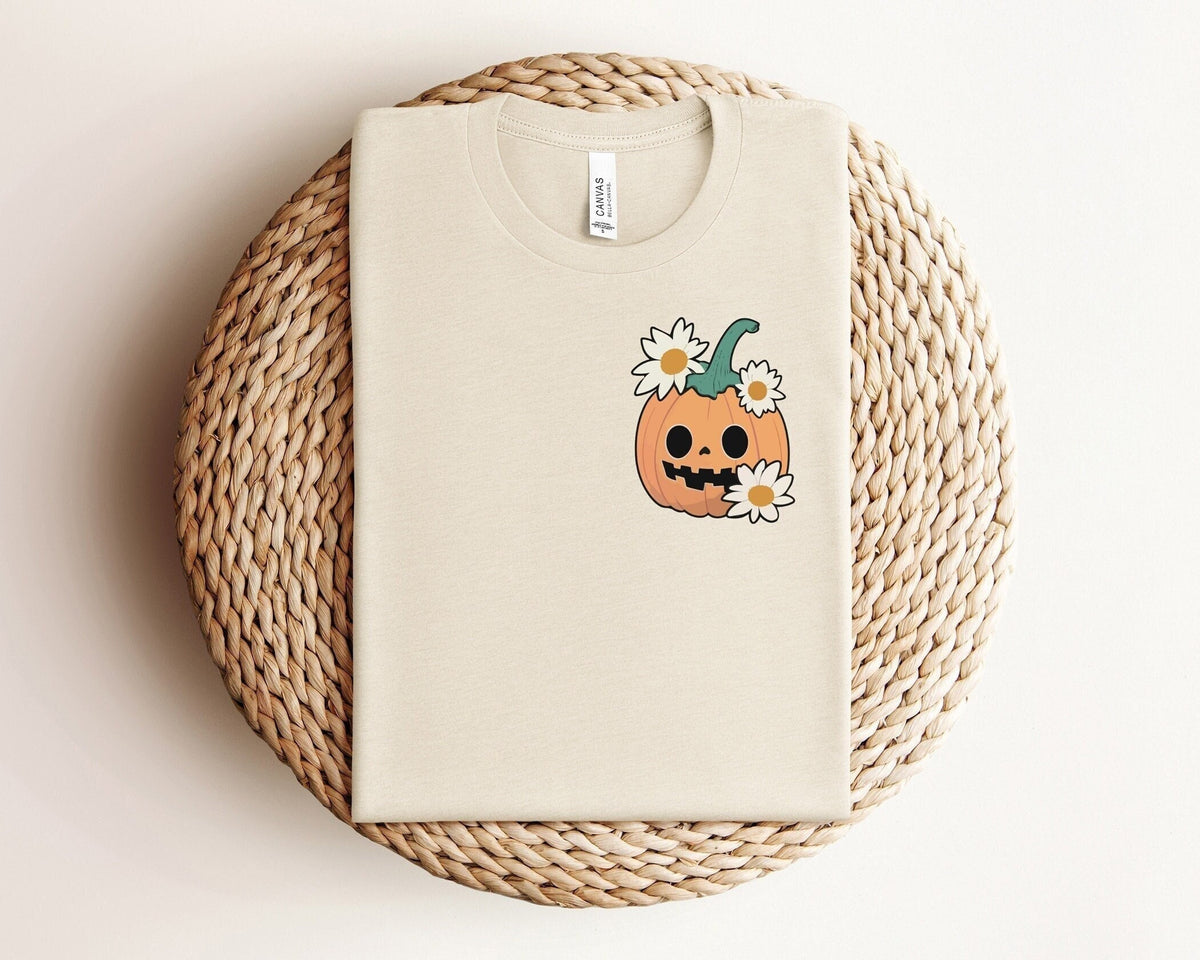 Floral Pumpkin Pocket Size T-Shirt, Pumpkin Patch Outfit, Pumpkin Season Tee, Pumpkin Lover Gift, Halloween Pumpkin Shirt, Cute Pumpkin Tee
