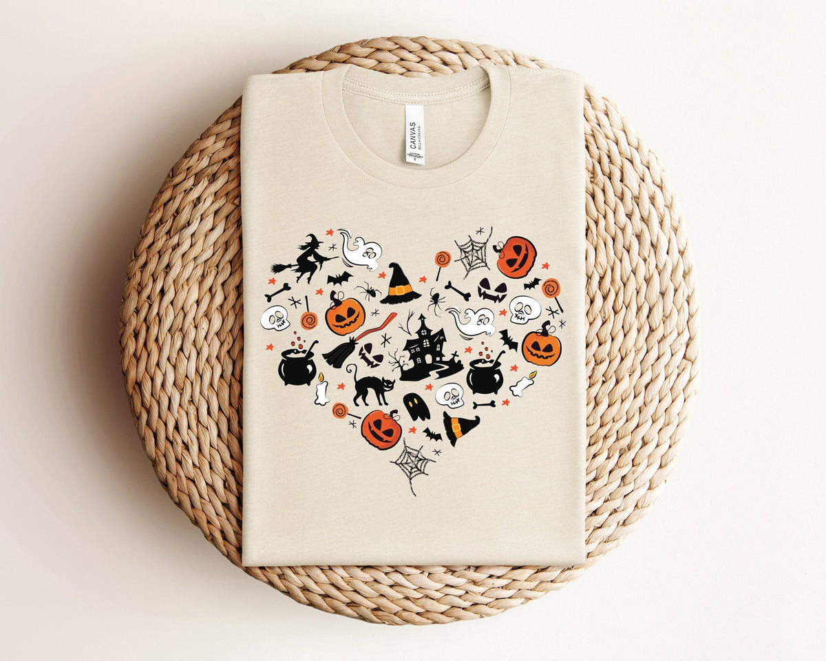 Halloween Doodles Heart T-Shirt, Vintage Halloween Tee, Pumpkin Patch Shirt, Pumpkin Season Tee, Mother Halloween Gift, Cute Halloween Shirt