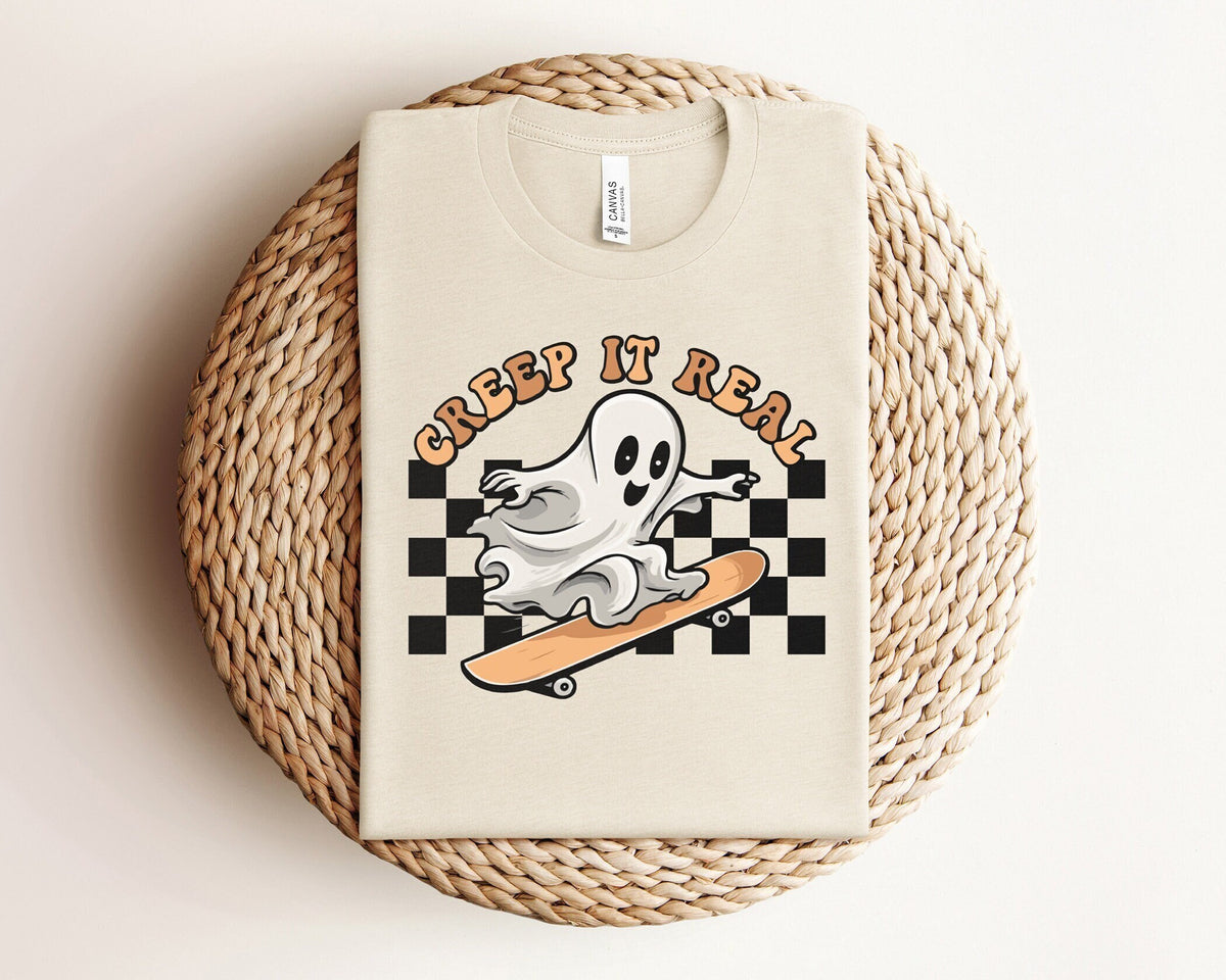 Creep It Real Ghost Riding Skateboard Shirt, Boarding Ghost Tee, Skateboarder Gift, Spooky Season Shirt, Halloween Party Tee, Spooky Vibes