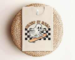 Creep It Real Ghost Riding Skateboard Shirt, Boarding Ghost Tee, Skateboarder Gift, Spooky Season Shirt, Halloween Party Tee, Spooky Vibes