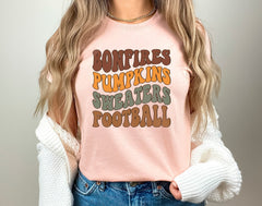 Bonfires Pumpkins Sweaters Football T-Shirt, Fall Vibes Tee, Pumpkin Lover Outfit, Fall Football T-Shirt, Groovy Fall Shirt, Fall Lover Gift