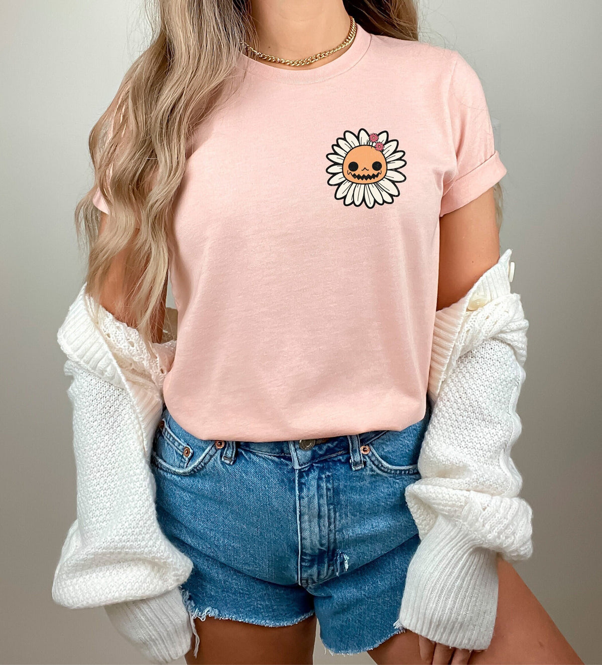 Pumpkin Daisy Pocket Shirt, Minimalist Halloween Tee, Cute Pumpkin Daisy T-Shirt, Halloween Matching Outfit, Spooky Season Shirt, Daisy Tee