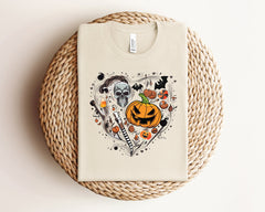 Halloween Doodles Heart Shirt, Spooky Vibes T-Shirt, Vintage Halloween, Spooky Season Crewneck, Halloween Themed Tee, Pumpkin Patch Shirt