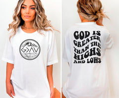 God Is Greater Than The Highs And Lows Shirt, Two Sided T-Shirt, Groovy Christian Shirt, Bible Verse Shirt, Religious Clothes, Church Gift