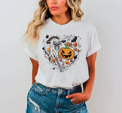 Halloween Doodles Heart Shirt, Spooky Vibes T-Shirt, Vintage Halloween, Spooky Season Crewneck, Halloween Themed Tee, Pumpkin Patch Shirt