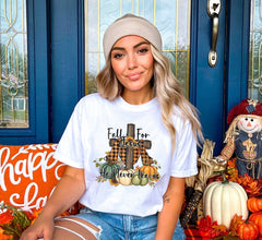 Fall For Jesus He Never Leaves T-Shirt, Jesus Shirt, Religious Fall Outfit, Faith Tee, Fall Cross T-Shirt, Bible Verse Shirt, Cute Fall Gift