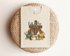 Fall For Jesus He Never Leaves T-Shirt, Jesus Shirt, Religious Fall Outfit, Faith Tee, Fall Cross T-Shirt, Bible Verse Shirt, Cute Fall Gift