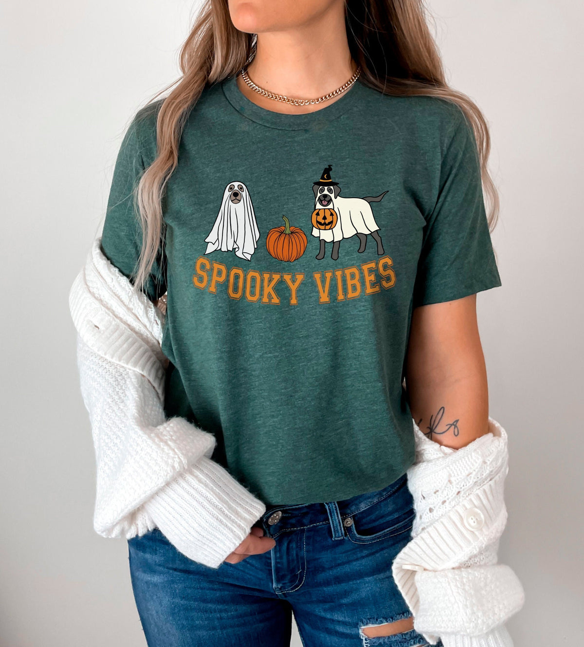 Spooky Vibes Ghosts and Pumpkins Halloween T-Shirt, Halloween Dogs Tee, Pumpkin Lover Gift, Pumpkin Patch Shirt, Halloween Crewneck Shirts