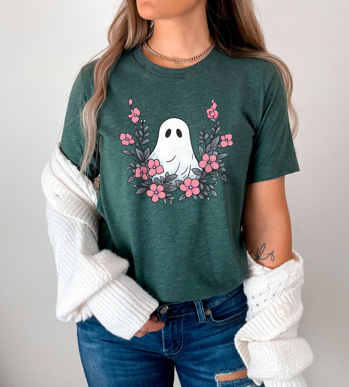 Floral Ghost Halloween T-Shirt, Ghost And Flowers Shirt, Spooky Season Tee, Halloween Matching Outfit, Spooky Vibes Shirt, Spooky Ghost Tee