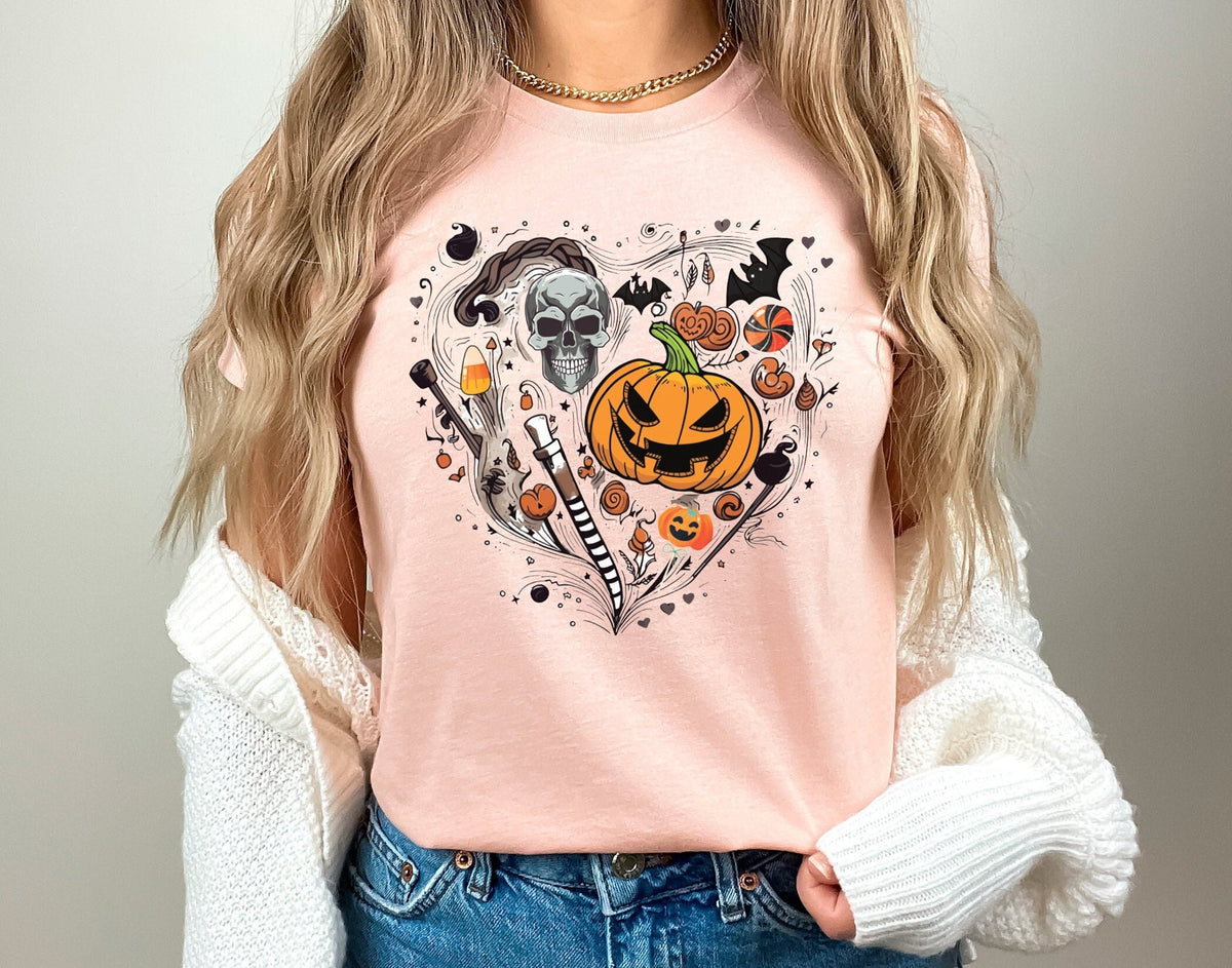 Halloween Doodles Heart Shirt, Spooky Vibes T-Shirt, Vintage Halloween, Spooky Season Crewneck, Halloween Themed Tee, Pumpkin Patch Shirt