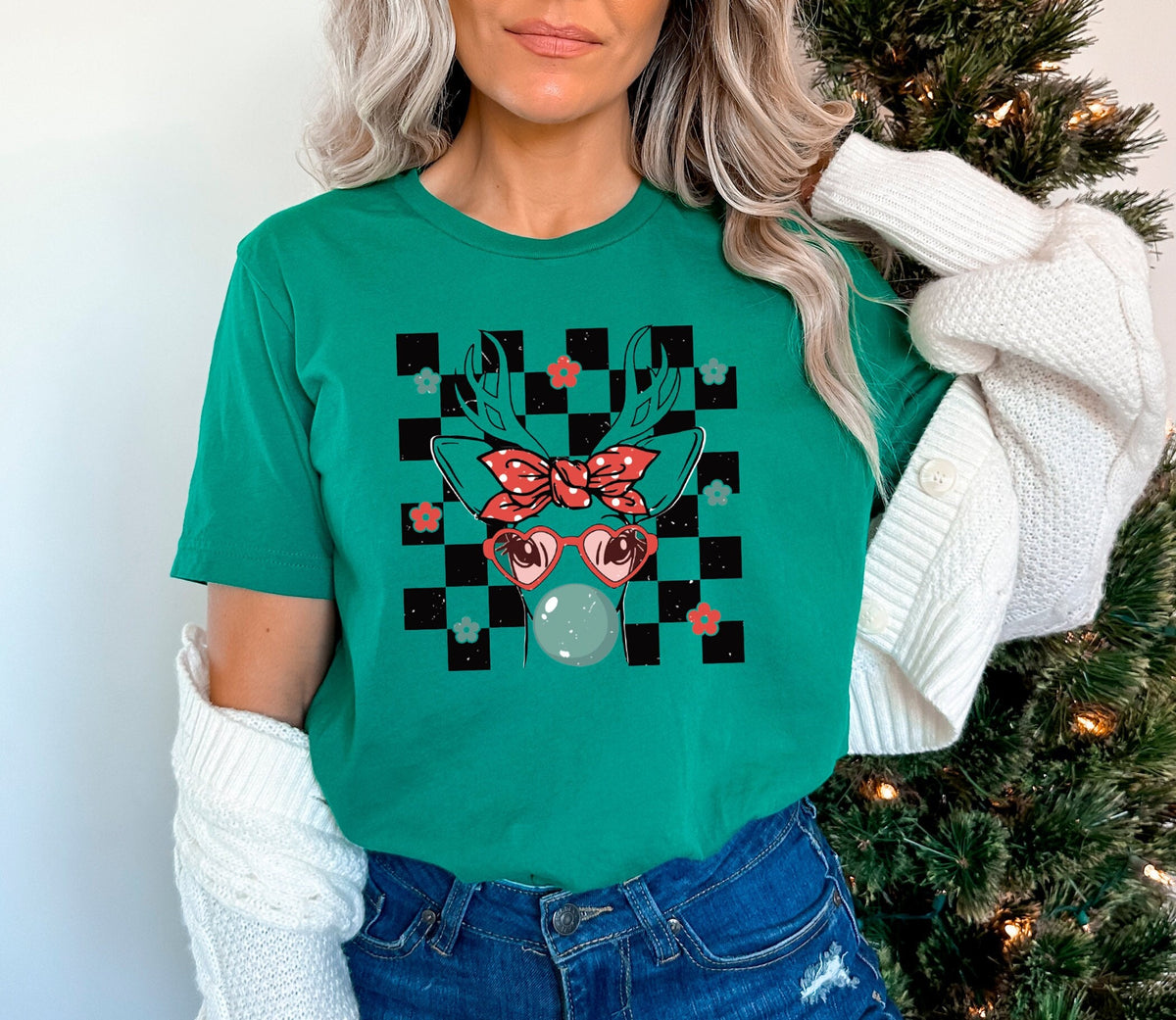 Cute Reindeer Shirt, Reindeer With Bandana Glasses Bubblegum, Christmas Animal Shirt, Retro Christmas, Funny Christmas Shirt, Gift For Kid