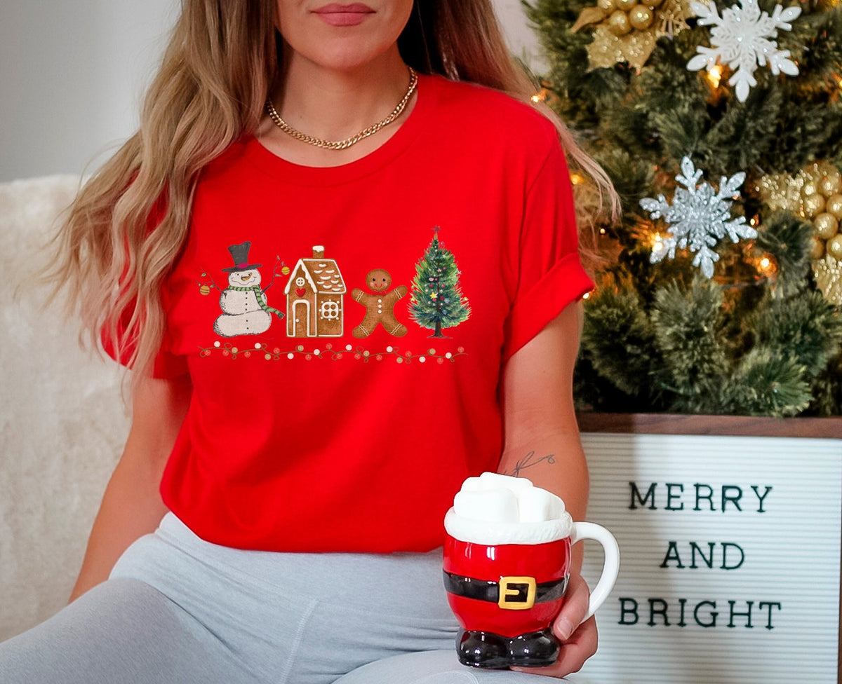 Christmas Snowman Gingerbread House Tree Shirt, Cute Christmas Shirt, Xmas, Vintage Christmas, Christmas Lights Shirt, Christmas Gift Women