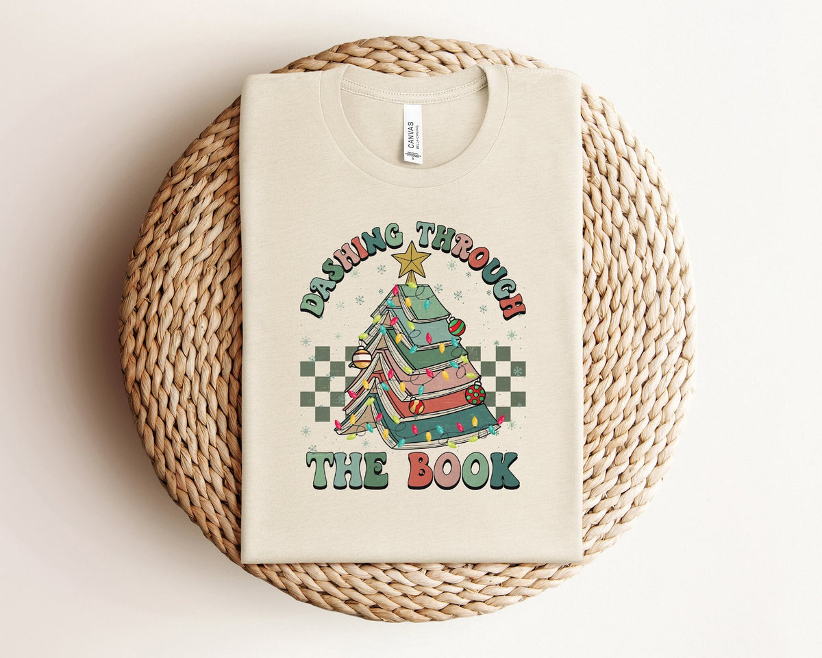 Retro Dashing Through The Book Shirt, Christmas Book Tree Shirt, Reading Lover Gift, Librarian Shirt, Bookworm Shirt, Teacher Christmas Gift