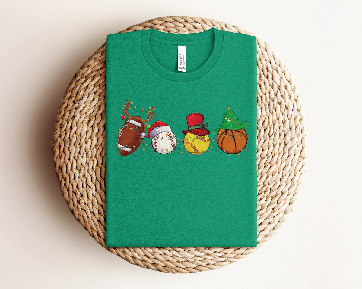 Christmas Sports Shirt, Sports Balls Xmas Tshirt, Christmas Football Baseball Hockey Tennis Basketball Santa Hat Shirt, Sports Lover Gifts
