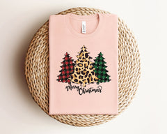 Merry Christmas Tree Shirt, Buffalo Plaid Leopard Cheetah Print Christmas Trees, Holiday Tshirts, Xmas, Winter Shirt, Christmas Gift For Her