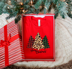 Merry Christmas Tree Shirt, Buffalo Plaid Leopard Cheetah Print Christmas Trees, Holiday Tshirts, Xmas, Winter Shirt, Christmas Gift For Her