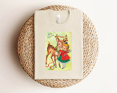 Vintage Christmas Reindeer Shirt, Cute Christmas Shirt, 1950s Girl And Reindeer Shirt, Rudolph Shirt, Retro Christmas Shirt, Christmas Gifts