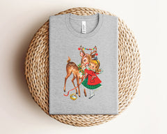 Vintage Christmas Reindeer Shirt, Cute Christmas Shirt, 1950s Girl And Reindeer Shirt, Rudolph Shirt, Retro Christmas Shirt, Christmas Gifts