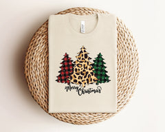 Merry Christmas Tree Shirt, Buffalo Plaid Leopard Cheetah Print Christmas Trees, Holiday Tshirts, Xmas, Winter Shirt, Christmas Gift For Her