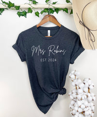 Custom Mrs Shirt, Bride Est Shirt, Personalized Fiance Gift, Honeymoon Shirt, Bride To Be, Wifey Shirt, Mrs Last Name, Bridal Shower Gift