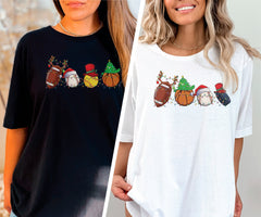 Christmas Sports Shirt, Sports Balls Xmas Tshirt, Christmas Football Baseball Hockey Tennis Basketball Santa Hat Shirt, Sports Lover Gifts