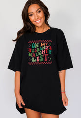 On My Husband's Naughty List Christmas Shirt, Funny Husband Tshirt, Groovy Retro Christmas Shirt, Santa Husband List Shirt, Gift For Husband