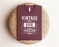 Vintage 1974 Shirt, Retro Birthday Shirt, Aged To Perfection 50th Birthday Crewneck, Birthday Year Shirt, 50th Birthday Gift For Grandma