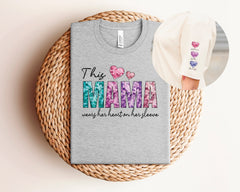 Custom Mama Shirt, This Mama Wears Her Heart On Her Sleeve Tshirt, Valentines Mama Shirt, Mama Kids Names Shirt, Valentines Day Gift For Her