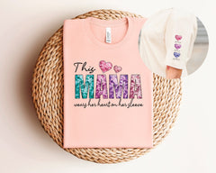 Custom Mama Shirt, This Mama Wears Her Heart On Her Sleeve Tshirt, Valentines Mama Shirt, Mama Kids Names Shirt, Valentines Day Gift For Her