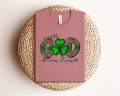 With God All Things Are Possible - Lucky Clover T-Shirt -Christian Gift - Bible Tee - Shirt for Women -  Inspirational Tee - Matthew 19:26