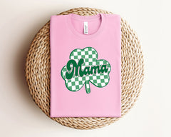 Lucky Mama T-Shirt, St Patrick Mom Shirt, Irish Mama Shirt, Gift for Irish, Retro St Patrick Tee, Checkered Clover Shirt, Mama Shamrock Tee