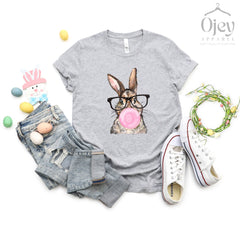 Bunny with Leopard Glasses Shirt - Bubble Gum Bunny Shirt- Easter Bunny T-Shirts -  Cute Easter Rabbit Shirt - Easter Outfit - Easter Gifts