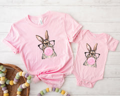 Bunny with Leopard Glasses Shirt - Bubble Gum Bunny Shirt- Easter Bunny T-Shirts -  Cute Easter Rabbit Shirt - Easter Outfit - Easter Gifts