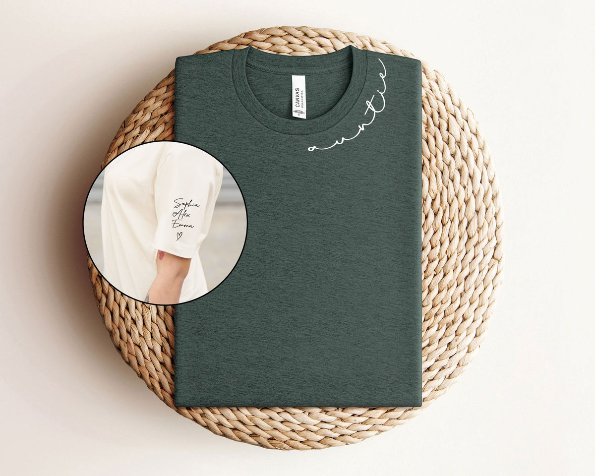 Custom Auntie T-Shirt -  Auntie Shirt with Nieces and Nephews Names on Sleeve - Birthday Gift for Aunt - Personalized Aunt Shirt