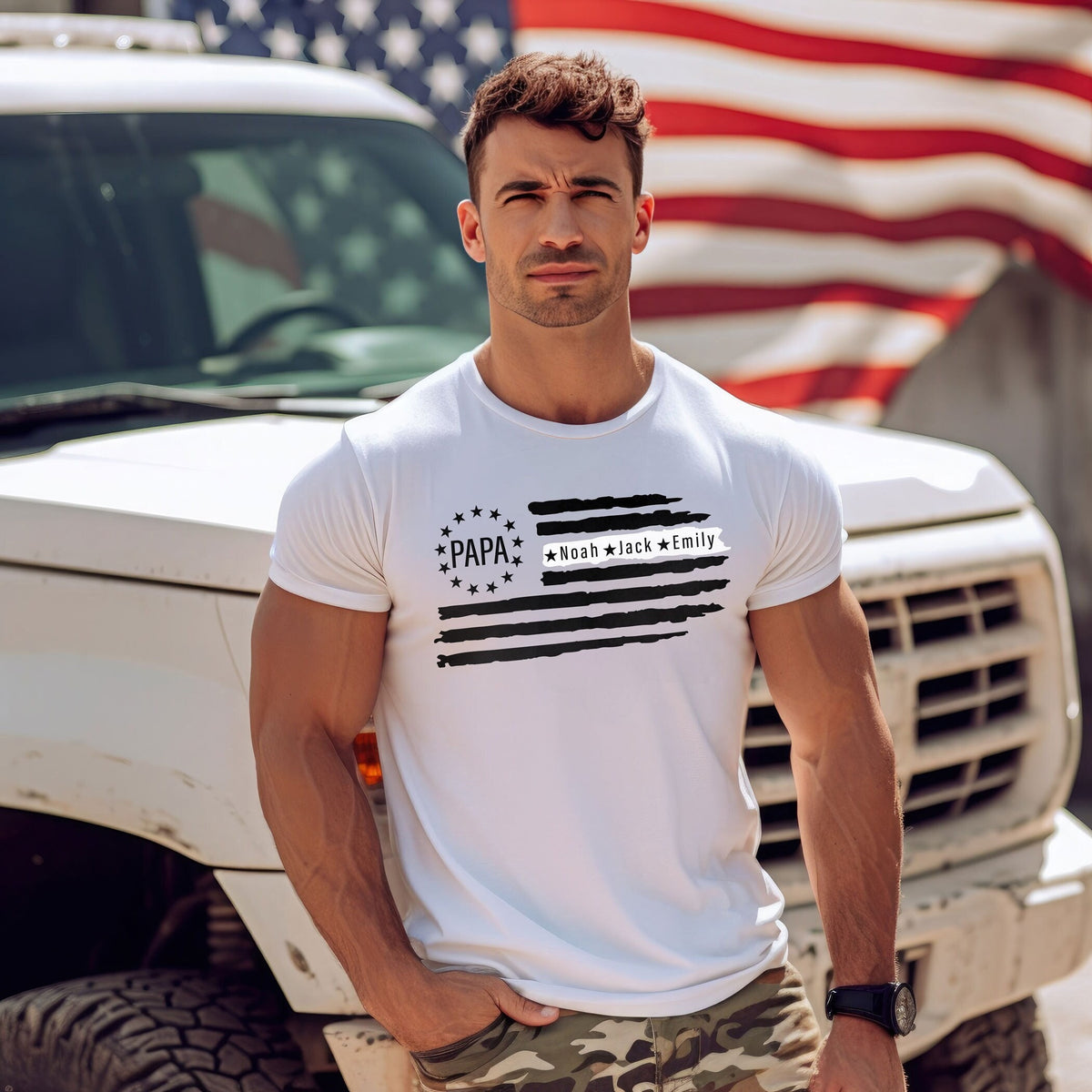 Papa Shirt with Kids Names - Custom Father's Day Shirt - Father's Day Gift - American Flag Dad Shirt - Personalized Dad T-Shirts - Dad Gift
