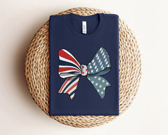 4th of July Bow T-Shirt - Coquette USA Bow Shirt - American Flag Bow Tee - Aesthetic Shirt - Patriotic Tee - Memorial Day Tee -Women's Tee