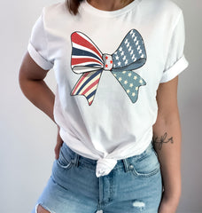4th of July Bow T-Shirt - Coquette USA Bow Shirt - American Flag Bow Tee - Aesthetic Shirt - Patriotic Tee - Memorial Day Tee -Women's Tee