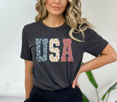 USA Floral T-Shirt - USA Shirt - 4th of July Women Shirt  - 4th of July Shirt -Retro USA T-Shirt - Independence Day Tee - American T-Shirt