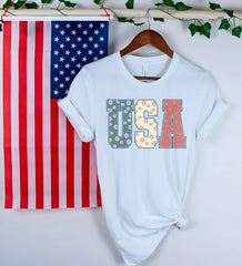 USA Floral T-Shirt - USA Shirt - 4th of July Women Shirt  - 4th of July Shirt -Retro USA T-Shirt - Independence Day Tee - American T-Shirt