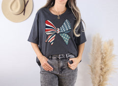 4th of July Bow T-Shirt - Coquette USA Bow Shirt - American Flag Bow Tee - Aesthetic Shirt - Patriotic Tee - Memorial Day Tee -Women's Tee
