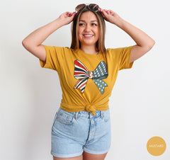 4th of July Bow T-Shirt - Coquette USA Bow Shirt - American Flag Bow Tee - Aesthetic Shirt - Patriotic Tee - Memorial Day Tee -Women's Tee