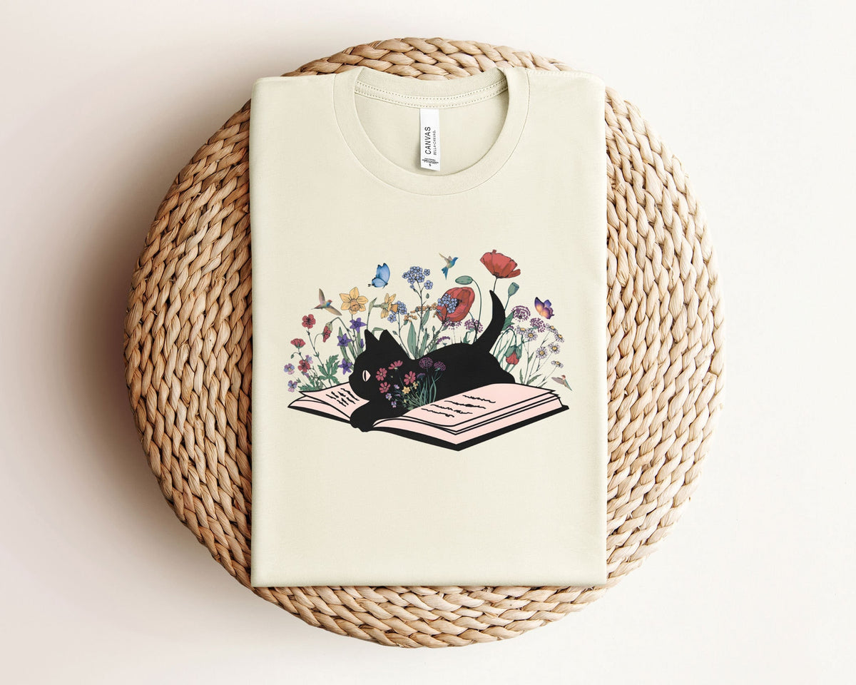 Floral Cat Book Shirt - Reading Cat T-Shirt - Floral Cat Tee- Gift for Cat Mom - Kitten Lover Shirt - Wildflower Cat Tee - Cat Shirts