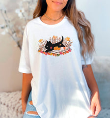 Fall Cat Book T-Shirt - Fall Cat T-Shirt - Book Lover Tee - Cat Lover Shirt - Autumn Cat Gift - Fall Cat Reading Shirt - Halloween Cat Shirt