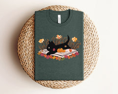 Fall Cat Book T-Shirt - Fall Cat T-Shirt - Book Lover Tee - Cat Lover Shirt - Autumn Cat Gift - Fall Cat Reading Shirt - Halloween Cat Shirt