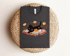 Fall Cat Book T-Shirt - Fall Cat T-Shirt - Book Lover Tee - Cat Lover Shirt - Autumn Cat Gift - Fall Cat Reading Shirt - Halloween Cat Shirt
