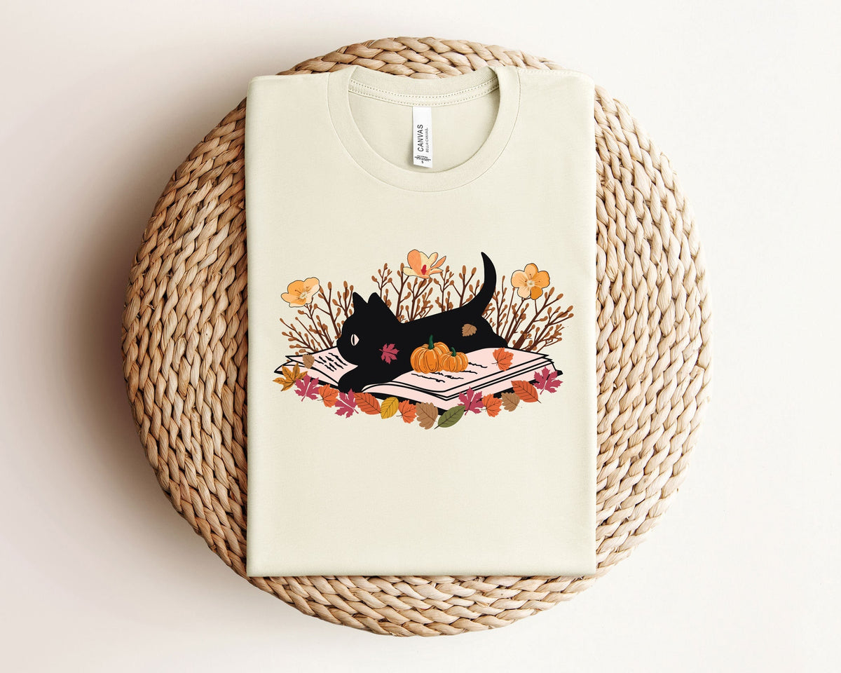Fall Cat Book T-Shirt - Fall Cat T-Shirt - Book Lover Tee - Cat Lover Shirt - Autumn Cat Gift - Fall Cat Reading Shirt - Halloween Cat Shirt