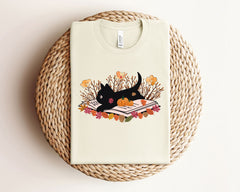 Fall Cat Book T-Shirt - Fall Cat T-Shirt - Book Lover Tee - Cat Lover Shirt - Autumn Cat Gift - Fall Cat Reading Shirt - Halloween Cat Shirt