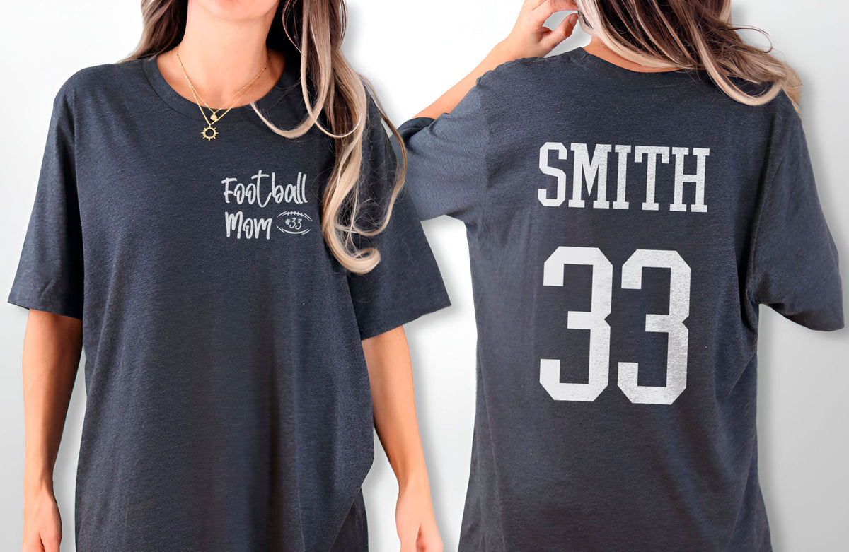 Custom Football Mom T-Shirt -  Pocket and Back Personalized Shirt - Name and Number Football Team Tee - Game Day Mom Tee - Football Mom Gift