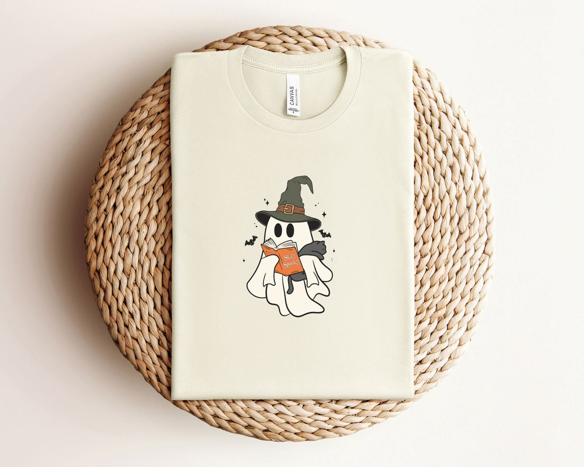 Ghost Reading T-Shirt - Spooky Cat Shirt - Spooky Season Tee - Spooky Cat Ghost Shirt - Halloween Teacher T-Shirt - Halloween Cat Shirt